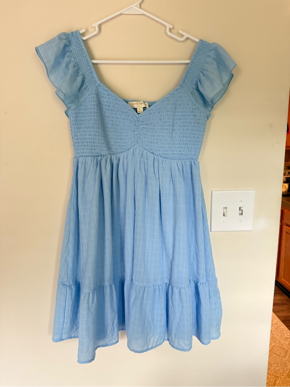 Smocked Bodice Mini Dress in Light Blue - Feminine Puff Sleeve Style